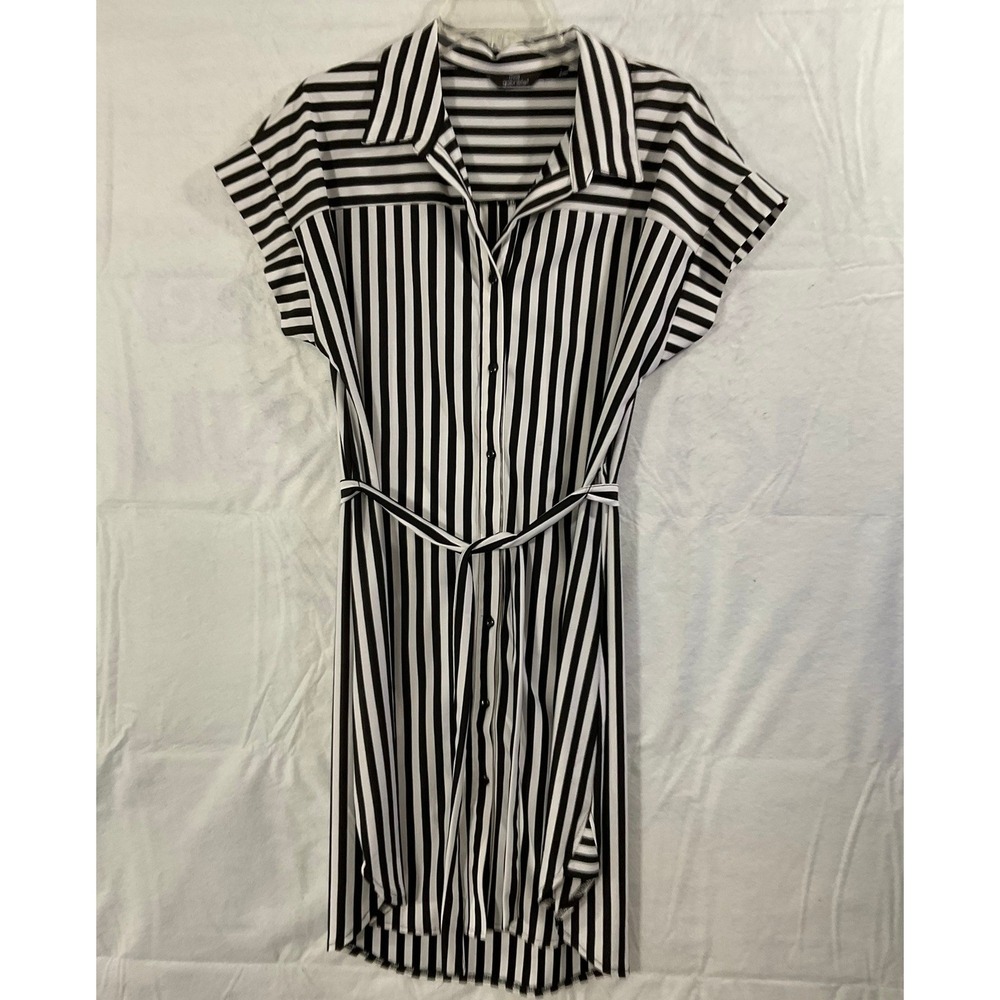 Mlle Gabrielle Shirt Dress Women Large Black White Striped Button Tie Waist Mini